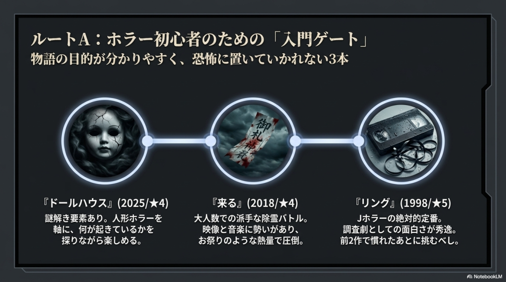 初心者向けの作品として『ドールハウス』『来る』『リング』の3本を紹介する画像。