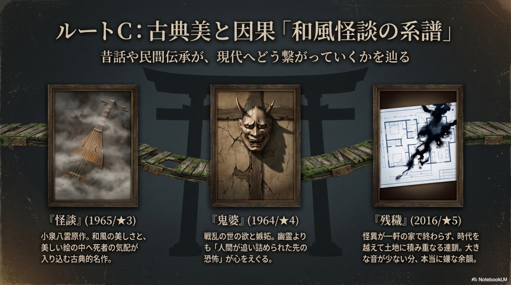 和風怪談の系譜として『怪談』『鬼婆』『残穢』の3本を紹介する画像。
