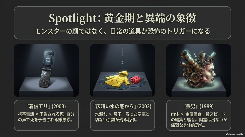 日常の道具が恐怖のトリガーになる作品として『着信アリ』『仄暗い水の底から』『鉄男』を紹介する画像。