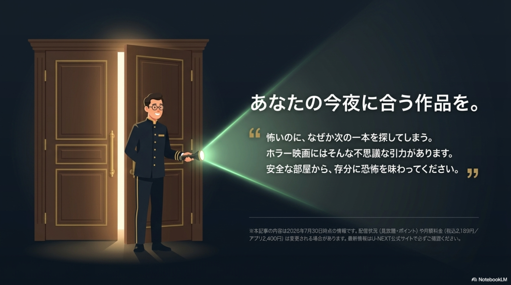 案内人が扉を開くイラストとともに、「あなたの今夜に合う作品を。安全な部屋から、存分に恐怖を味わってください」というメッセージが書かれたスライド。 