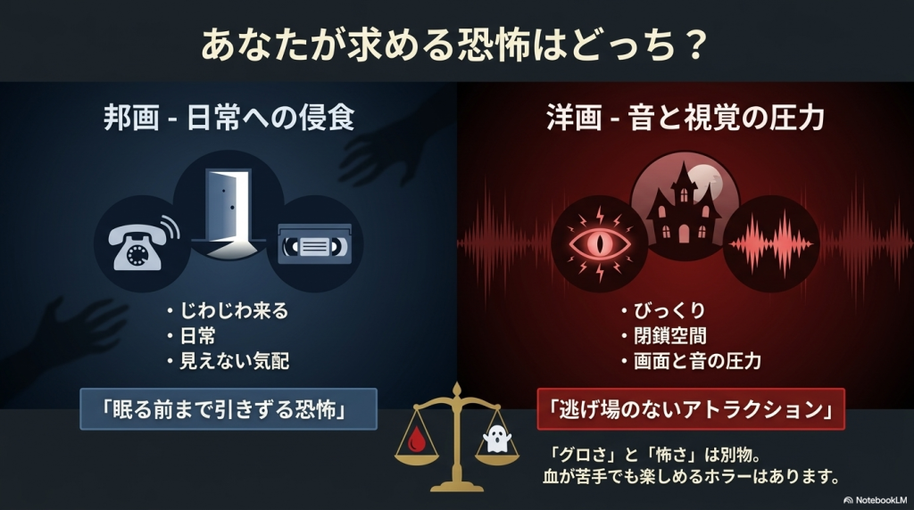 日常への侵食を描く邦画と、音と視覚の圧力で迫る洋画の違い、およびグロさと怖さは別物であることを解説した図解スライド。