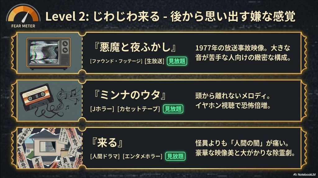 後から思い出す嫌な感覚が残る、じわじわ来るレベル2の作品（悪魔と夜ふかし、ミンナのウタ、来る）を紹介するスライド。