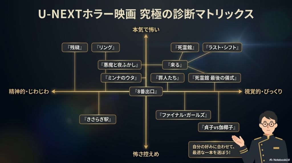 本記事で紹介したホラー作品を、精神的か視覚的か、怖さ控えめか本気で怖いかの2軸で分類した究極の診断マトリックス図。