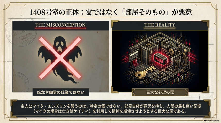 1408号室の正体を図解したスライド。 怨念や幽霊の仕業ではなく、部屋自体が意思を持ち、人間の痛い記憶を利用して精神を崩壊させようとする巨大な心理の罠であることを説明している。