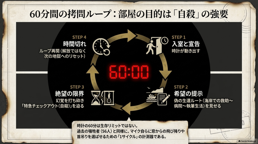 60分間の拷問ループを図解したスライド。 入室と宣告、希望の提示、絶望の限界(特急チェックアウトの強要)、時間切れ(ループ再開)の4ステップで自殺を強要する部屋の目的を解説している。
