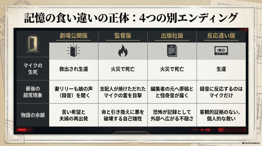 4つの別エンディング(劇場公開版、監督版、出版社版、反応違い版)の違いを比較した表。 マイクの生死、最後の超常現象、物語の余韻についてまとめている。