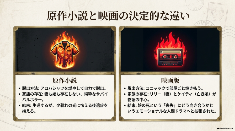 原作小説と映画版の決定的な違いを比較したスライド。 アロハシャツを燃やして脱出する純粋なサバイバルホラーの原作に対し、映画版はコニャックで部屋ごと焼き払い、娘の死という喪失に向き合う人間ドラマへ拡張されたことを示している。