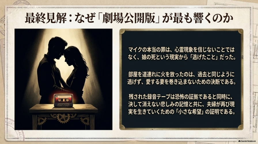 最終見解として「劇場公開版」が最も響く理由を解説したスライド。 マイクの罪は逃げたことであり、録音テープは決して消えない悲しみの記憶と共に生きていくための小さな希望の証明であると結論づけている。