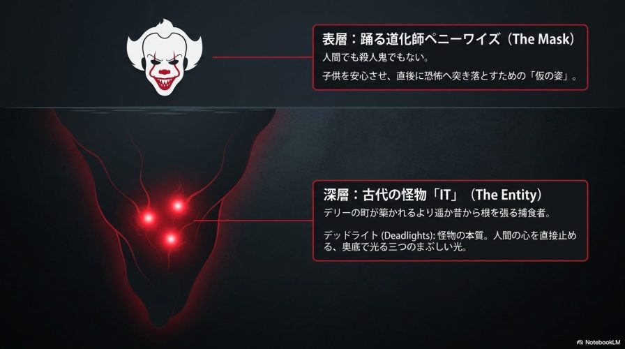 エロの顔のイラスト。表層の「踊る道化師ペニーワイズ」と深層の古代の怪物「IT」、デッドライトについて解説したスライド。