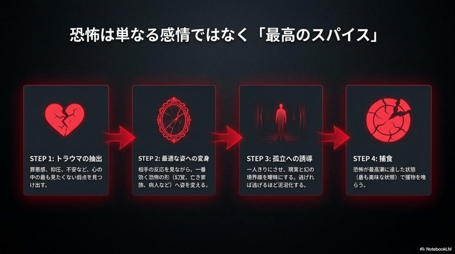 トラウマの抽出から変身、孤立、捕食に至るまで、ITが恐怖を利用する4つのステップを解説したスライド。