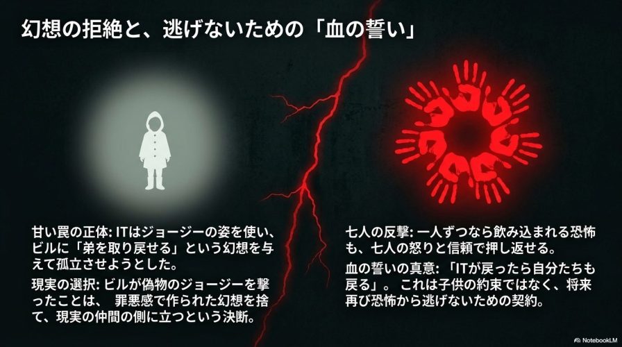 円状に配置された赤い手形のイラスト。ジョージーの姿をした罠、七人の反撃、そして「血の誓い」の真意について解説したスライド。