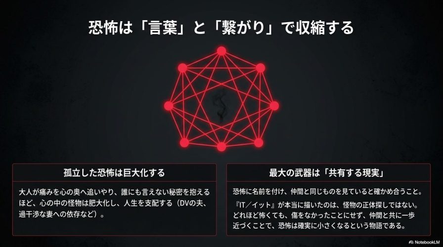 赤い点と線が繋がったネットワーク図のイラスト。孤立した恐怖は巨大化し、最大の武器は仲間と共有する現実であることを解説したスライド。 