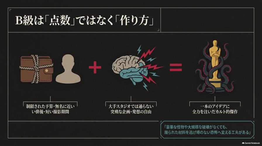 制限された予算と突飛な企画がカルト的傑作を生み出すメカニズムの図解