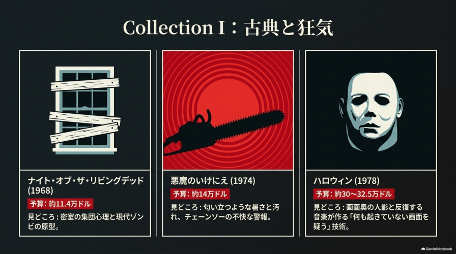 Collection 1:古典と狂気。ナイト・オブ・ザ・リビングデッド、悪魔のいけにえ、ハロウィンの見どころ