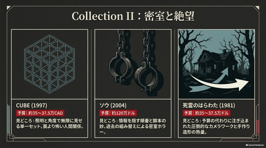 Collection 2:密室と絶望。CUBE、ソウ、死霊のはらわたの見どころ