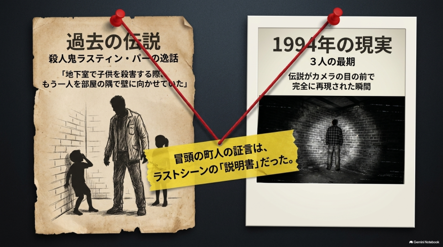 過去の伝説(殺人鬼ラスティン・パーの逸話)と1994年の現実(3人の最期)。伝説がカメラの目の前で完全に再現された瞬間。冒頭の町人の証言は、ラストシーンの「説明書」だった。