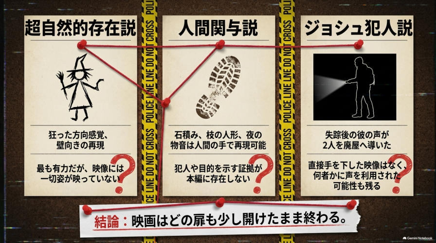 ブレアの魔女に関する3つの考察。超自然的存在説、人間関与説、ジョシュ犯人説。結論として、映画はどの扉も少し開けたまま終わる。