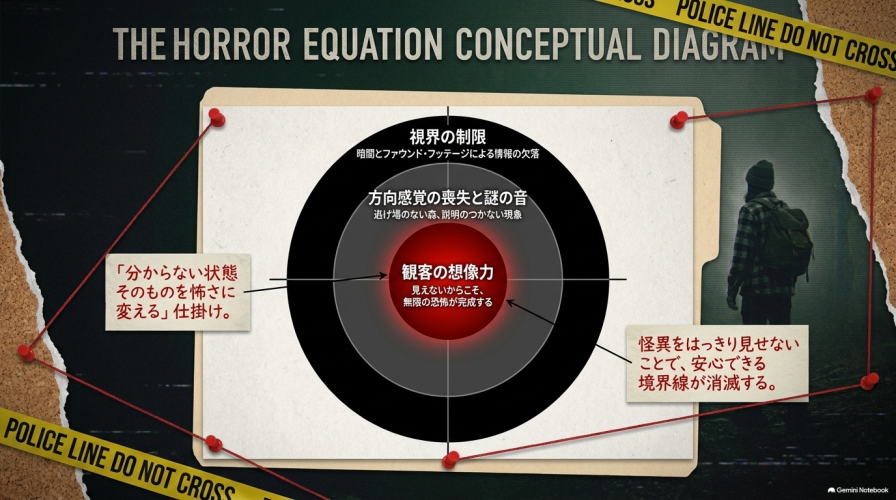 THE HORROR EQUATION CONCEPTUAL DIAGRAM。視界の制限と逃げ場のない森、そして観客の想像力が合わさることで、「分からない状態そのものを怖さに変える」仕掛け。