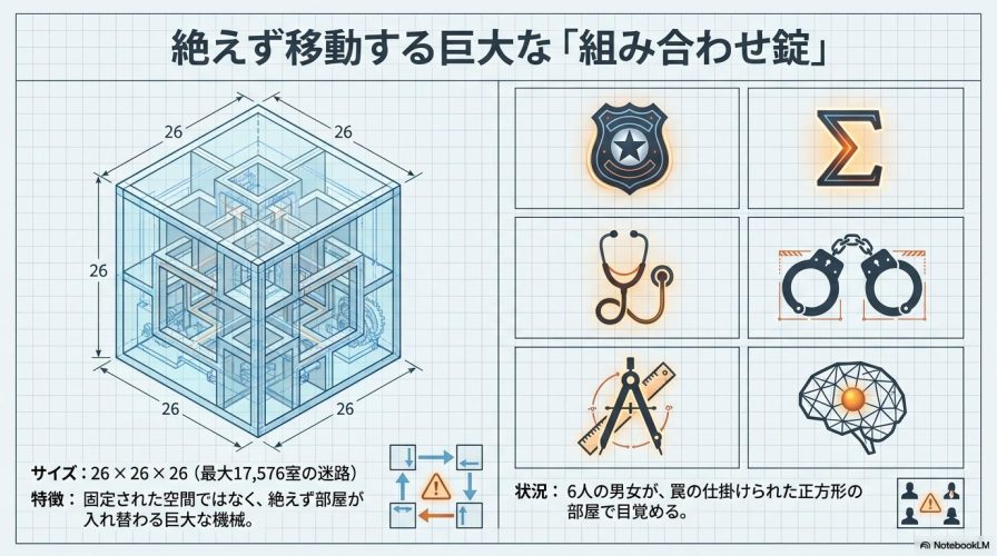 キューブが最大1万7576室からなる26×26×26サイズの絶えず移動する巨大な組み合わせ錠であることを示す透視図。