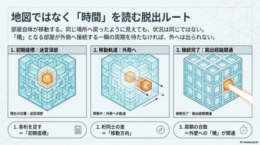 迷宮深部の初期座標から外壁へ移動し、橋となる部屋が接続して脱出経路が開通するまでの3ステップ図解。