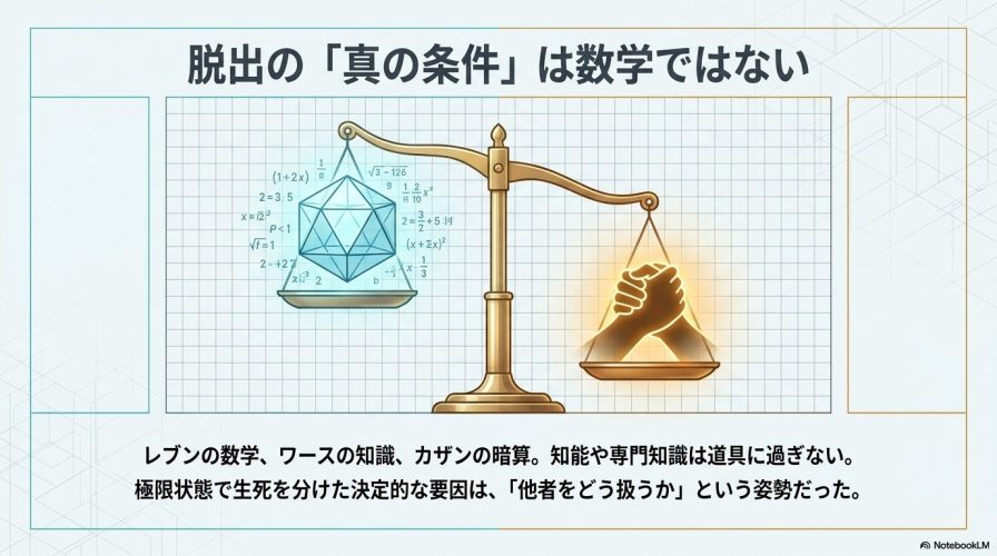 知能や専門知識（キューブ）よりも、手を取り合う姿勢（他者をどう扱うか）が極限状態で生死を分けたことを示す天秤の図解。