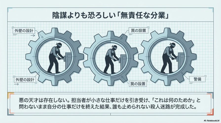 外壁の設計、罠の設置、警備など、担当者が自分の仕事だけをこなす歯車の図解。悪の天才ではなく、無責任な分業が殺人迷路を完成させたことを表す。