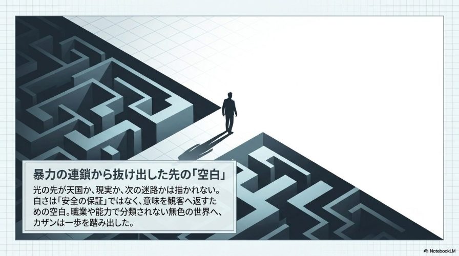 巨大な迷路から抜け出した人物のシルエット。光の先が天国か現実か描かれず、意味を観客へ返す空白であることを表現したイラスト。