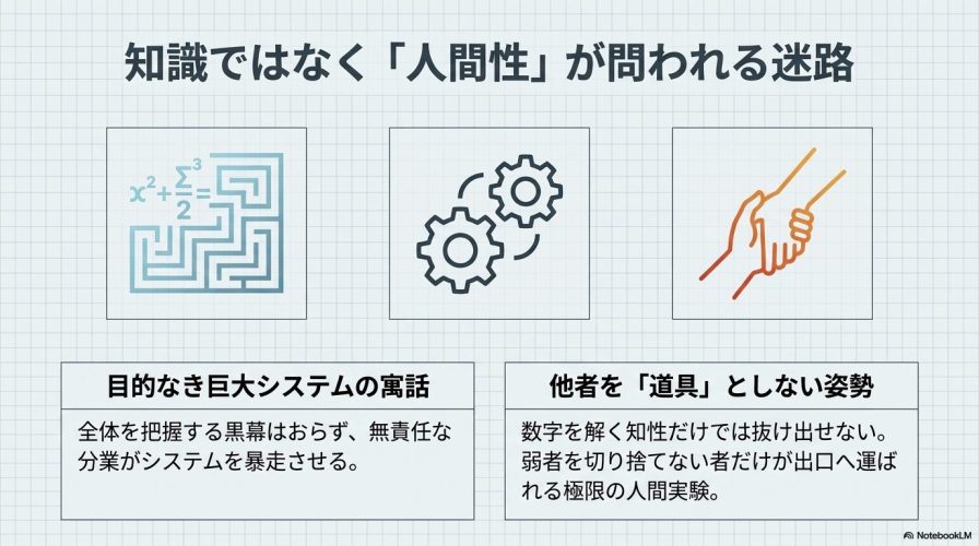 「目的なき巨大システムの寓話」「他者を道具としない姿勢」など、映画キューブの本質が人間性にあることを示すまとめ図解。