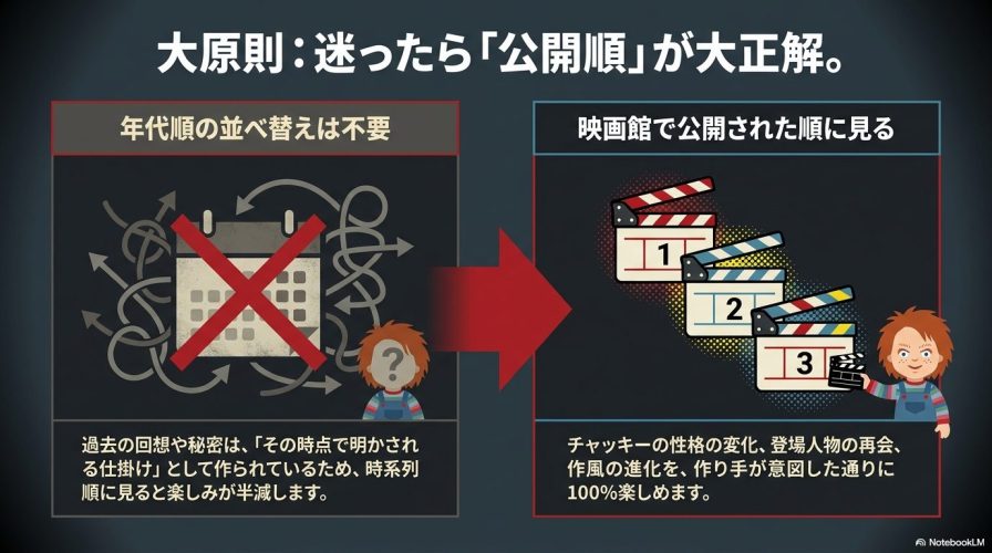 年代順の並べ替えは不要であり、公開順に見ることが大正解であることをカレンダーと赤いバツ印で示した図解。