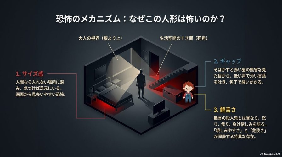 大人の視界に入らない生活空間のすき間(死角)に潜むサイズ感、無害な見た目とのギャップ、饒舌さという恐怖の理由を解説した部屋の立体図。