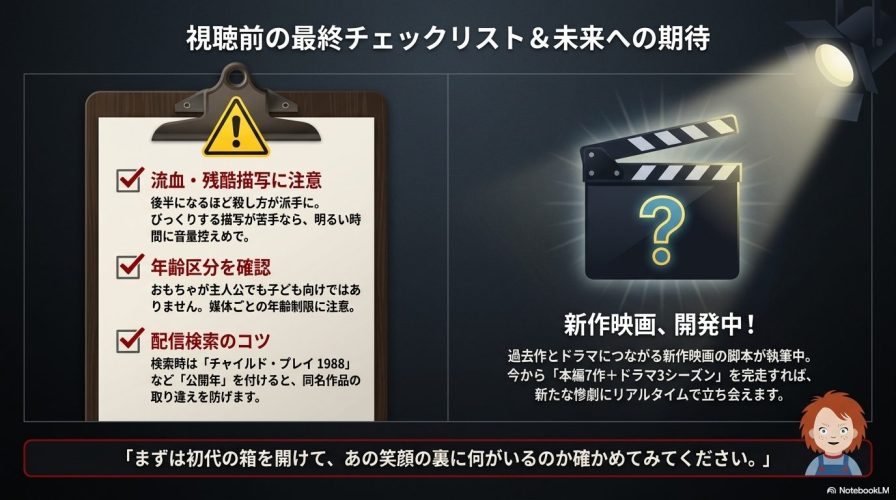 流血描写への注意、年齢区分の確認、配信検索のコツ、および新作映画が開発中である情報をまとめたチェックリスト。