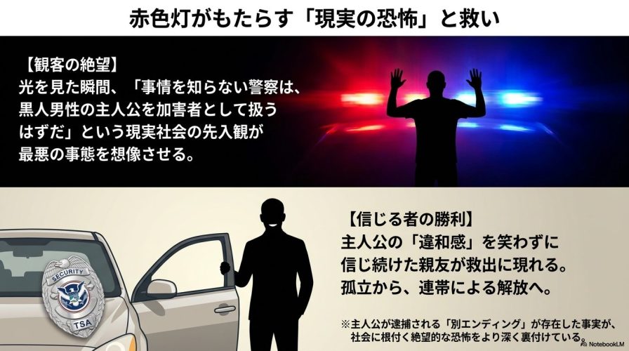 観客の絶望と信じる者の勝利。パトカーとTSA（米運輸保安庁）のバッジ、親友ロッドのシルエット。社会に根付く先入観の恐怖と、連帯による解放が解説されている。