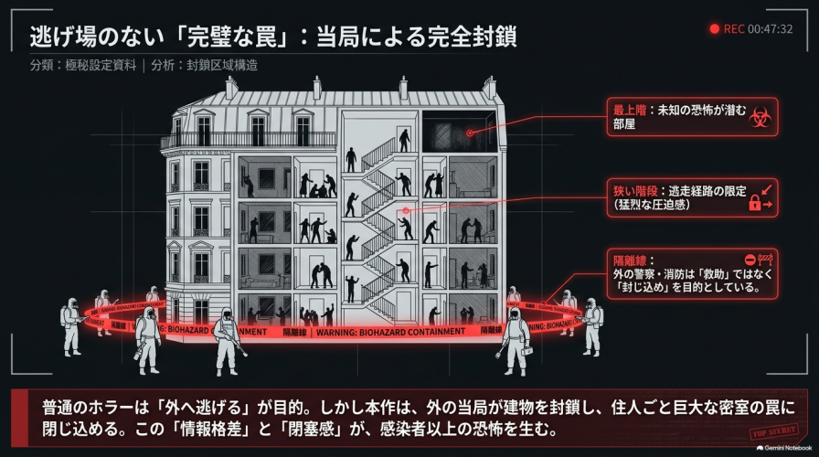 集合住宅の断面図と、建物の外を封鎖する防護服姿の当局が描かれたスライド。「逃げ場のない完璧な罠」と情報格差について解説している。