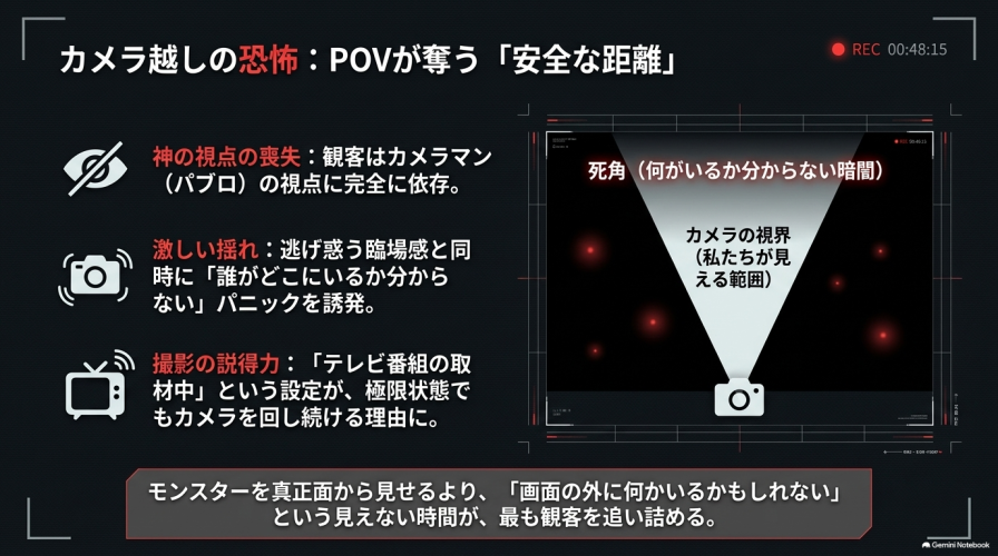 カメラの視界と死角を示す図解。POV(主観映像)によって観客が神の視点を失い、安全な距離が奪われる恐怖を解説するスライド。