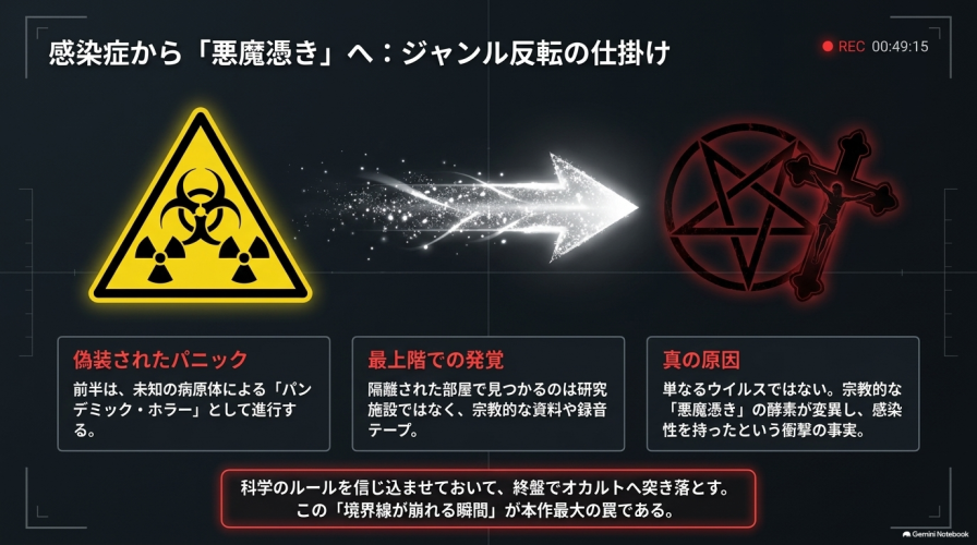 バイオハザードマーク(感染症)が五芒星(悪魔憑き)へと矢印で変化していく図解。科学のルールからオカルトへとジャンルが反転する仕掛けを解説するスライド。