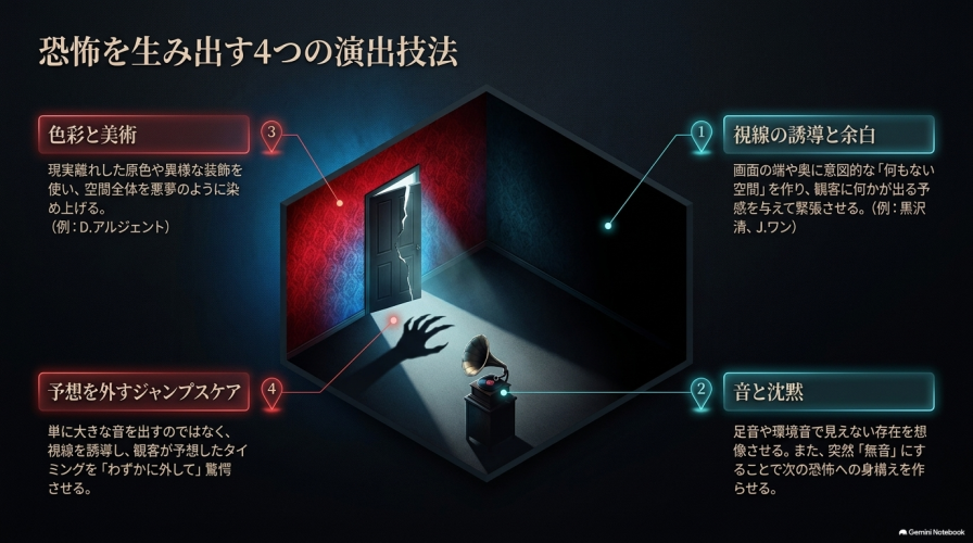 ホラー映画における恐怖の演出技法として、「視線の誘導と余白」「音と沈黙」「色彩と美術」「予想を外すジャンプスケア」の4つのポイントを写真とともに解説したスライド。