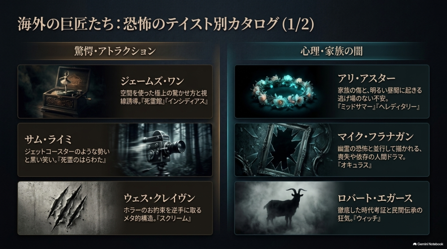 代替テキスト: ジェームズ・ワン、アリ・アスター、サム・ライミなど、海外の有名ホラー映画監督6名の作風を「驚愕・アトラクション」「心理・家族の闇」などに分類して紹介するカタログスライド。