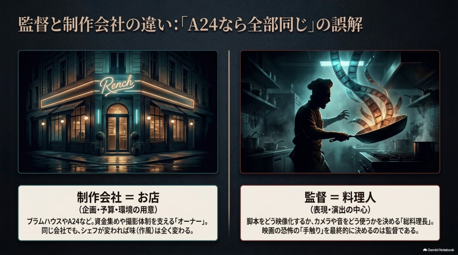 監督を「表現・演出の中心である料理人」、制作会社を「企画や予算を用意するお店」に例えて、それぞれの役割の違いを説明したスライド。