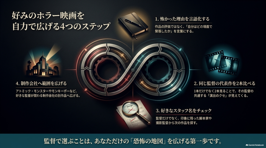 味わいたい恐怖のタイプからおすすめの監督を導き出す診断チャート。「ジェットコースターのように驚きたい」「見終わった後もじっくり意味を考察したい」などの選択肢から、今の気分に合う監督を探せるようになっている。