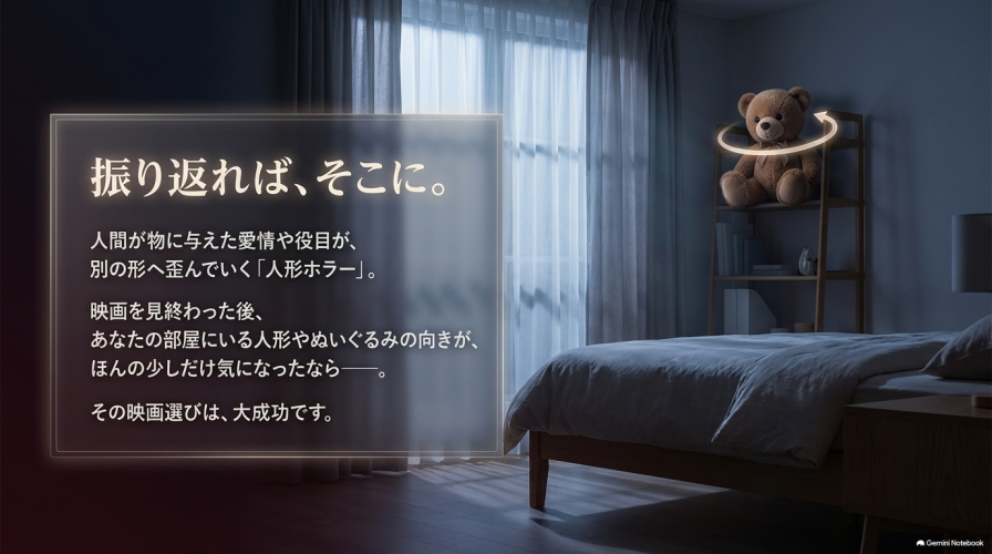 「映画を見終わった後、あなたの部屋にいる人形やぬいぐるみの向きが、ほんの少しだけ気になったなら――。」というエピローグのメッセージスライド。