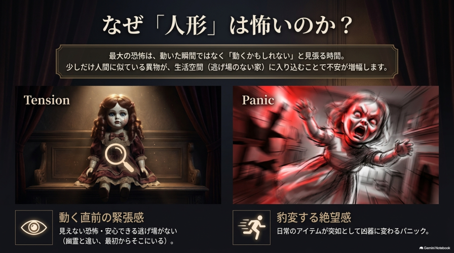 なぜ「人形」は怖いのかを解説するスライド。動く直前の緊張感（テンション）と、豹変する絶望感（パニック）について記載されている。