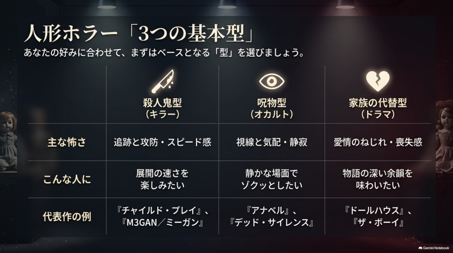人形ホラーの3つの基本型である「殺人鬼型」「呪物型」「家族の代替型」の主な怖さ、向いている人、代表作をまとめた表。