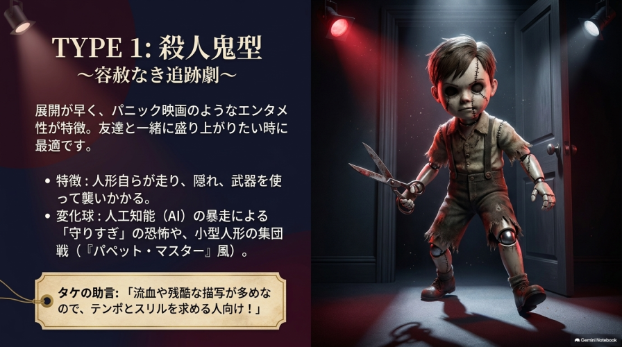 殺人鬼型の特徴を解説するスライド。容赦なき追跡劇や展開の早さが特徴で、流血や残酷な描写が多めであることが記載されている。