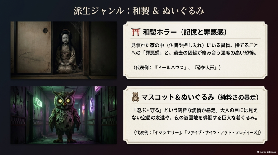 和製ホラーとマスコット＆ぬいぐるみホラーの特徴を解説するスライド。見慣れた家の中にいる異物への罪悪感や、純粋な愛情の暴走について記載されている。