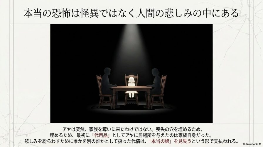 本当の恐怖は怪異ではなく人間の悲しみの中にあることのまとめ図です。 代用品としてアヤに居場所を与えた家族が、本当の娘を見失う代償を払うことを解説しています。