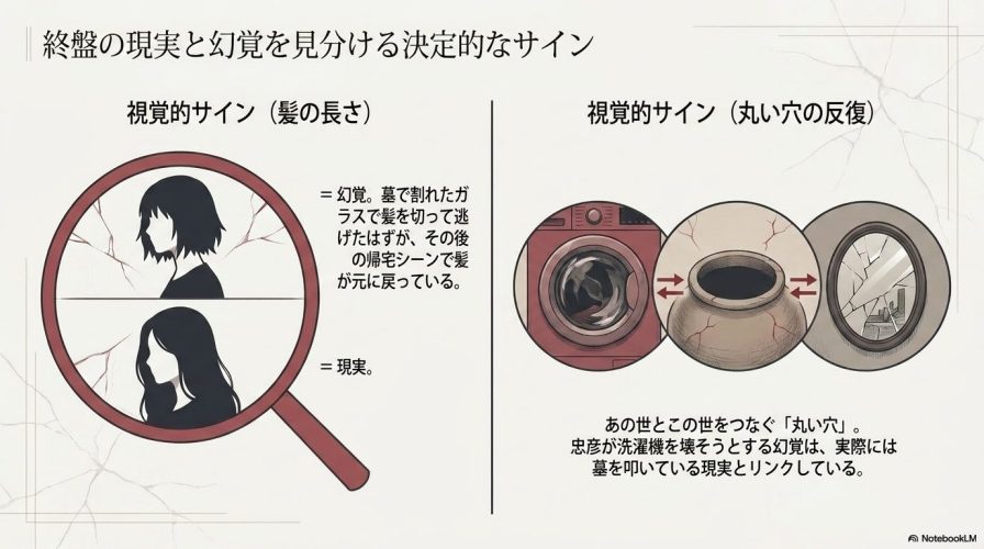 終盤の現実と幻覚を見分ける決定的なサインの解説図です。 佳恵の髪の長さの変化や、あの世とこの世をつなぐ丸い穴の反復によって、現実と幻覚を見分ける視覚的サインを提示しています。