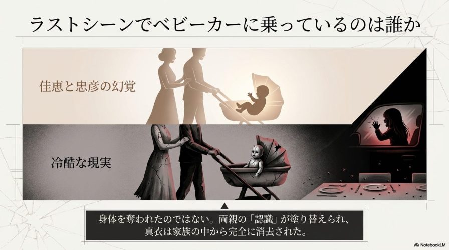 ラストシーンでベビーカーに乗っているのは誰かの解説です。 両親の認識が塗り替えられ、真衣が家族の中から消去されてアヤがベビーカーに乗っていることを示しています。