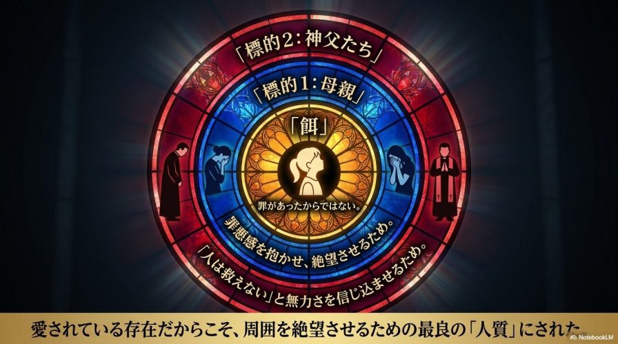 悪魔の標的が母親と神父たちであり、愛されているリーガンが周囲を絶望させるための人質(餌)にされたことを図解するスライド。
