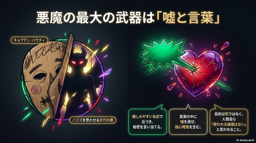 悪魔の武器が嘘と言葉であることを解説するスライド。親しみやすい名前で近づき、真実の中に嘘を混ぜて「救われる価値はない」と思わせる目的が書かれている。