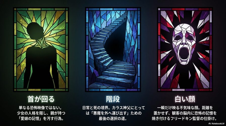 映画の印象的な場面である「首が回る」「階段」「白い顔」のイラストと、それぞれの物語上の意味を解説するスライド。